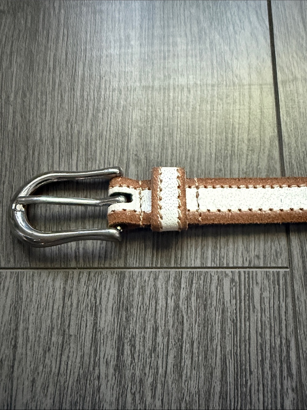Mavi Two-Tone White and Brown Leather Belt with Silver Buckle